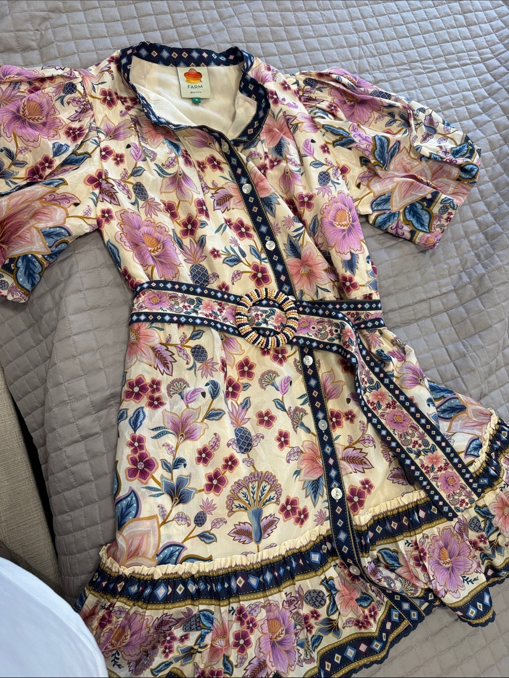 FARM Rio Cream Dress with Pink & Blue Floral Print and Navy Trim.